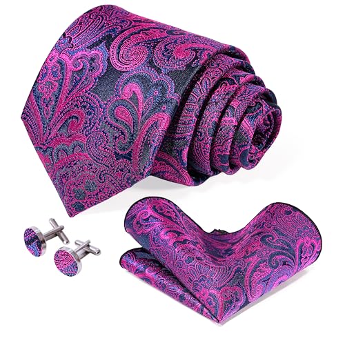 Image of 5PCS Mens Silk Designer Tie, Pocket Square, Cufflinks, Drilled Tie Ring and Lapel Pin Set for Wedding Groom Party