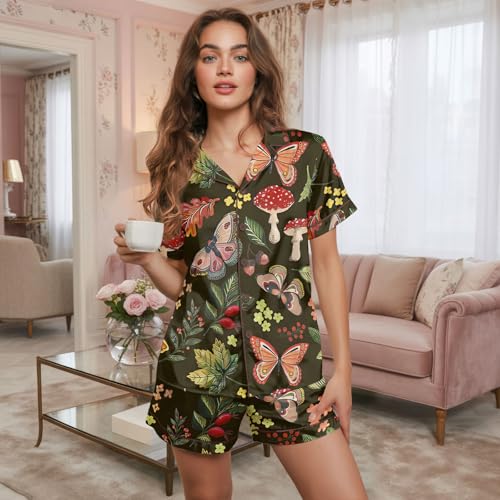 Image of Women 2PCs Satin Pajama Set Short Sleeve Silk Feel Gift Sleepwear | Soft stretch satin; relaxed comfort fit sizes S-3XL for sleep & lounge; short sleeve top, elastic waist shorts; easy care