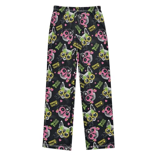 Summer Cool Cat Boys Long Pants Soft Trousers Elastic Waist Kids Lounge Bottoms with Pockets S-XL