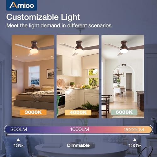 Image of Amico Ceiling Fans with Lights, 42 inch Low Profile Ceiling Fan with Light and Remote Control, Flush Mount, Reversible, 3CCT, Dimmable, Noiseless, Brown Ceiling Fan for Bedroom, Indoor /Outdoor Use