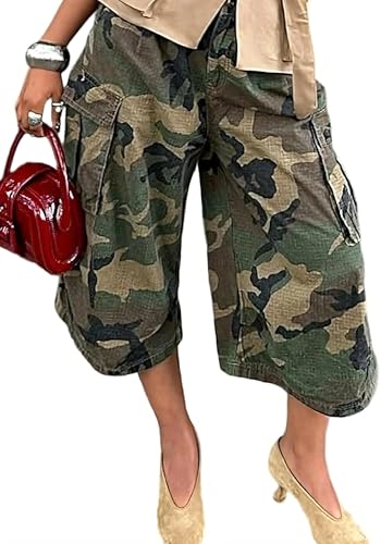 Tbahhir Baggy Cargo Jeans Camo Women Camouflage Jean Cropped Wide Leg Denim Pants Army Fatigue Trousers Dressy Casual