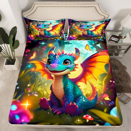 Castle Fairy Cartoon Dragon Sheet Full Size Polka Dot Mushroom Bedding Set Cute Western Dragon Kids Teens Audlts Fantasy Jungle Butterfly Fashion Bed Sheet Set 4pcs(Fitted + Flat + 2 Pillowcases)