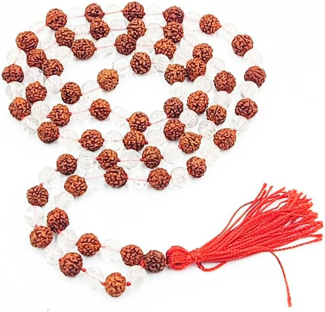 Rudraksha & Sphatik Mala,108 Bead Japa Necklace with 5 Faces Panch Mukhi Rudraksha & Clear Quartz, Bead Size 8 mm for Meditation, Prayer & Daily Wear – Mala for Men & Women (1 Pack)