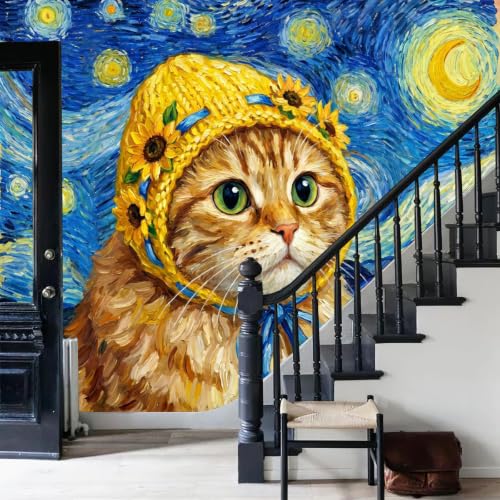 Papier peint panoramique chat et tournesol pour illuminer un grand salon moderne