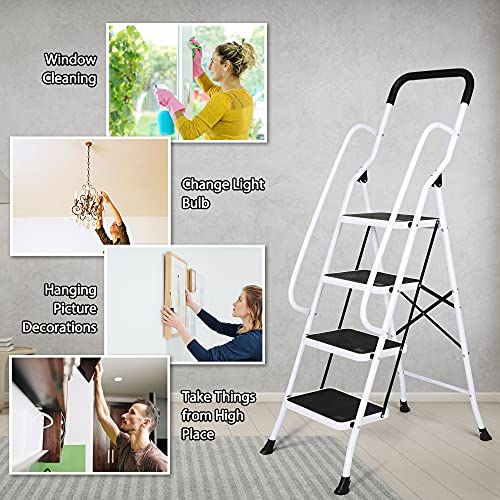 Dporticus Anti-Slip Portable 4 Step Ladder With Wide Pedal And Sturdy Handrails Folding Safty Steel Step Stool Multi-Use For Household Market Office,330Lbs Capacity #TOP5