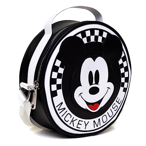 Disney Bag, Crossbody, Round, Mickey Mouse Smiling Face Applique Checker White Black, Vegan Leather2