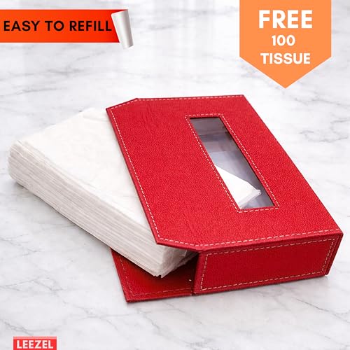 Image of LEEZEL| Tissue Box Holder with 100 Pulls Cotton Rags Tissue | Handcrafted Fine Leather - Like Finish | for Gifting, Office Desks, Cars & Home Decor | Durable & Water Resistant. (Red)