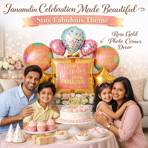 Image of Propsicle Stay Fabulous Birthday Balloon Set Pack of 5 with 36 Inch Square Foil, 18 Inch Star, Printed Round Rose Gold Theme for Women Girls Photo Booth Decoration