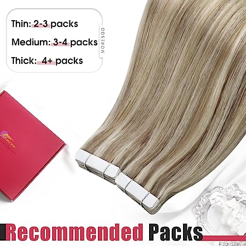 Moresoo Tape In Highlighted Hair Extensions Human Hair Blonde Hair Extensions Tape In Light Brown Highlighted With Blonde Tape In Human Hair Extensions 14 Inch #P9A/60 20Pcs 50G #TOP6