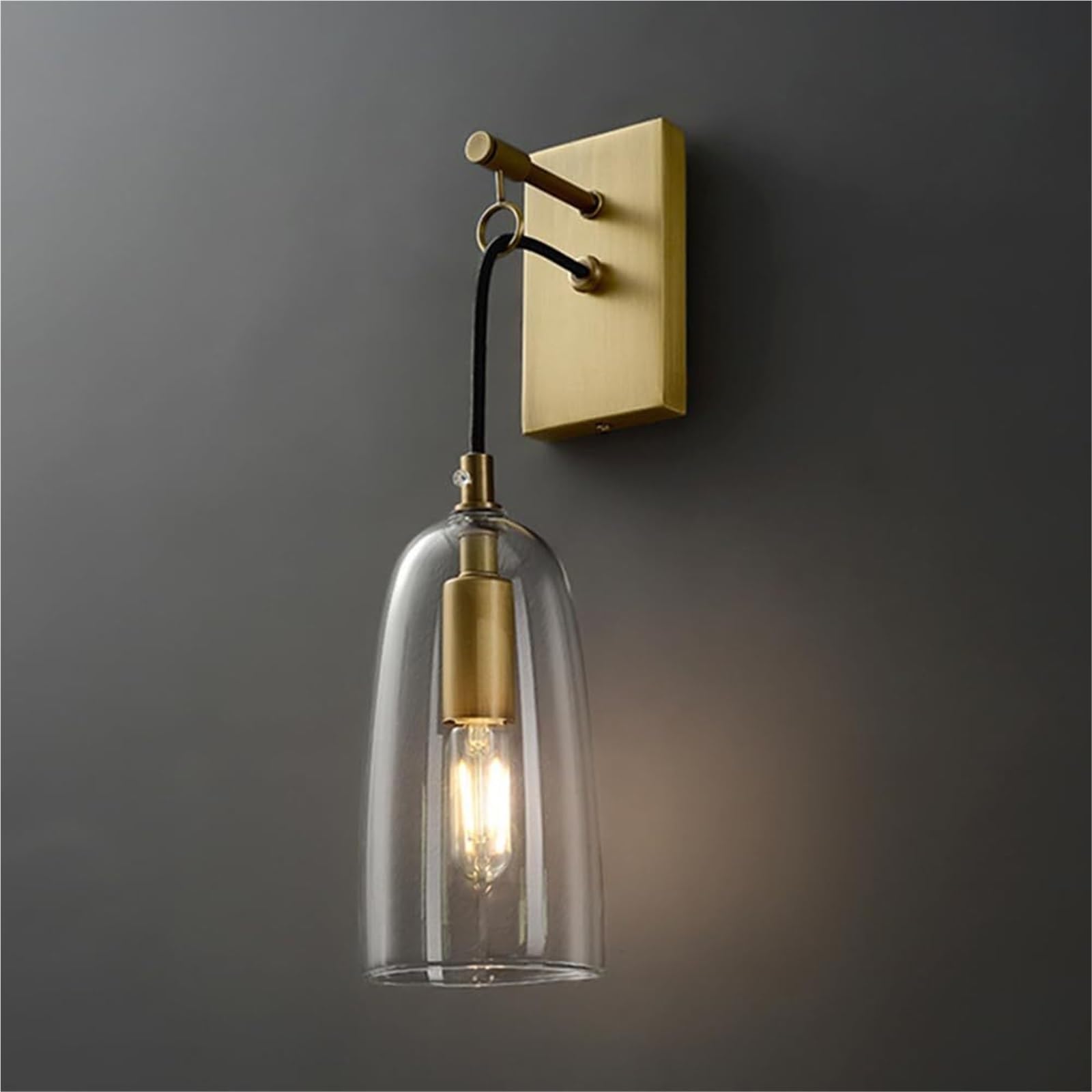 Lámpara de Pared Dorada para mesita de Noche con Alambre para Colgar, lámpara de Pared con Pantalla de Vidrio Transparente, lámpara de tocador de Mediados de Siglo, Accesorios de iluminación de baño