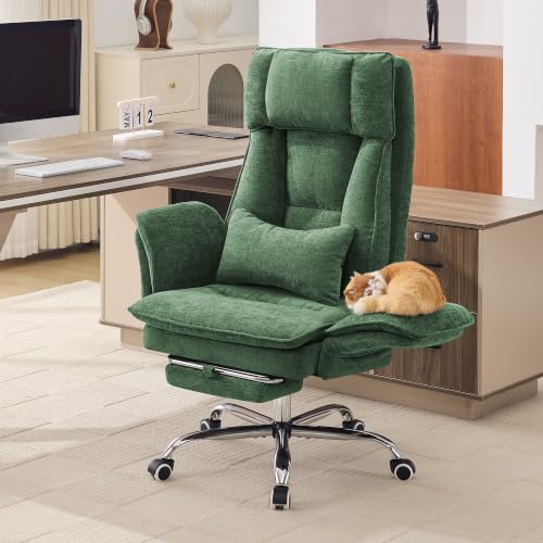 Image of Big and Tall Office Chair, Flip Armrest & Footrest for Pets, Navy Green | Executive Ergonomic Criss Cross Chair, Reclining High Back Desk Chair, Leather Swivel Computer Chair with Lumber Pillow