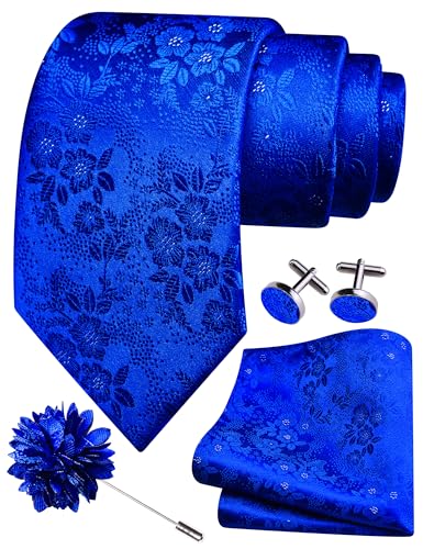 Image of GUSLESON 3.15 inch(8cm) Mens Floral Tie and Lapel Pin Necktie Hankerchief Cufflinks Set for Men