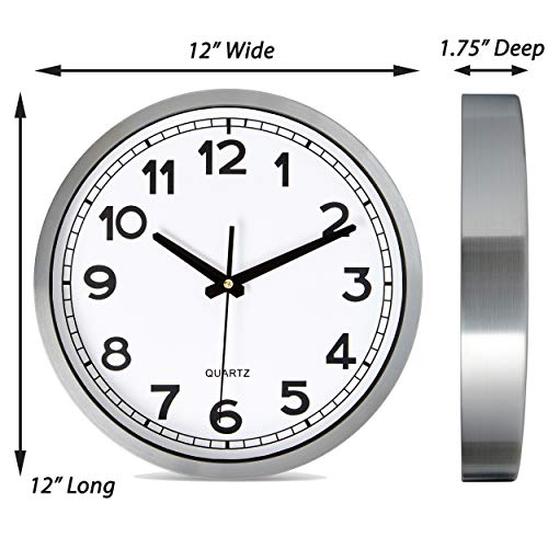 Image of Bernhard Products Wall Clock Silent Non-Ticking Large 12 inch Metal Quartz Battery Operated Easy to Read Office Classroom Kitchen Living Room Bathroom Sweeping Clocks, Silver Frame Black Modern Numbers