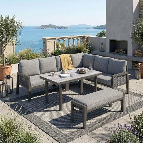 Sapgaks Ensemble de Salon de Jardin Exterieur pour 8 Personnes,canapé d'angle+Salle à Manger+des bancs,Fer galvanisé,Plateau en Verre, Corde en Maille PE...