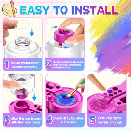 Image of Parssufy Paint Brush Cleaner with Paint Tray, 6-in-1 Water Circulation Rinser Paintbrush Cleaner with Drain & Brush Holder, Watercolor Dispenser & Paint Palette, Paint Brush Washer (Purple)