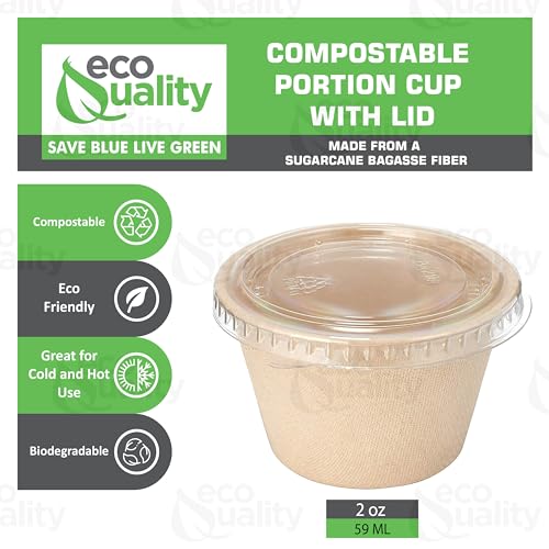EcoQuality 2 oz Compostable Condiment Souffle Bagasse Cups with Lids - Portion Cup with Lid Sugarcane, Biodegradable Perfect For Sauces, Samples, Condiments, Slime, Jello Shot, Food Storage (50)