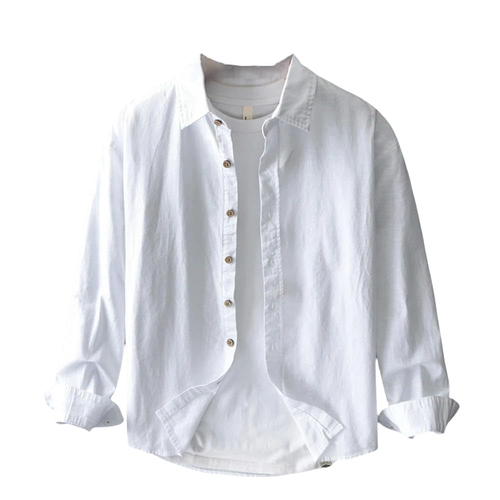 Primavera Uomo Manica Lunga Cotone Lino Loose Fit Casual Solid Top