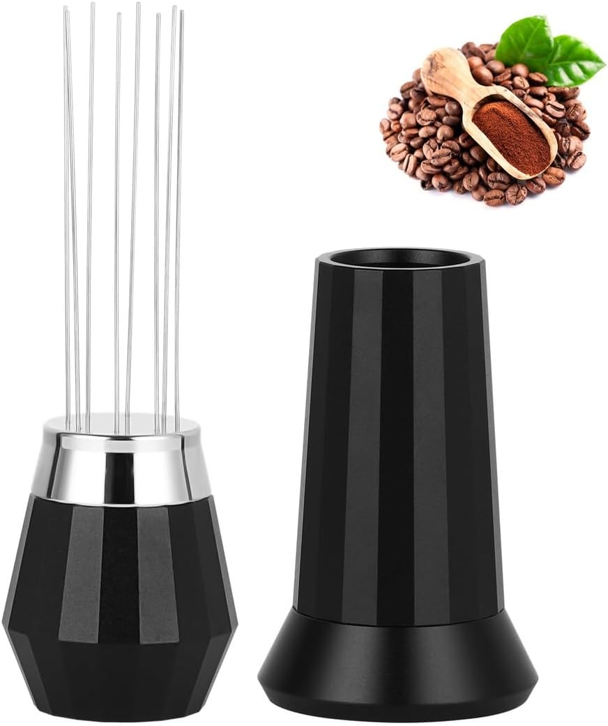 Coffee Powder Stirrer, Coffee Distribution Tool Metal Needles Whisk for, 8 Needles Stirring Tool Coffee Metal, Aluminum Alloy Handle with Cafe Supplies Stand