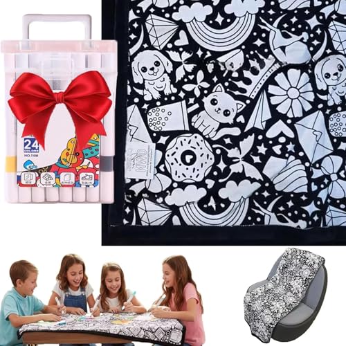 NatureHaven Washable DIY Coloring Blanket with 24 Markers, Color Your