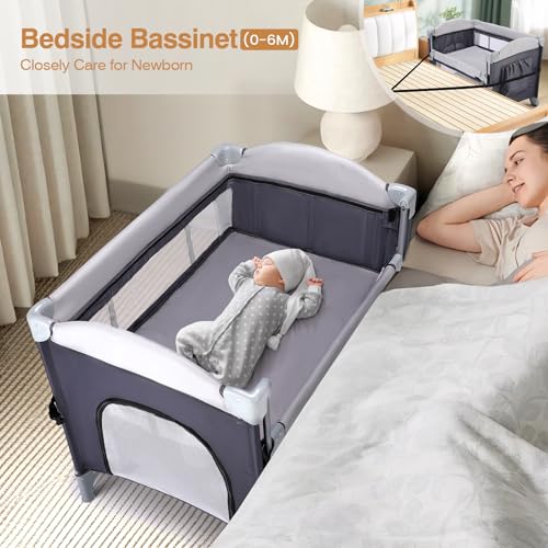 Image of JOYMOR 4 in 1 Pack and Play, Baby Bedside Bassinet, Sturdy Play Yard with Padded Mat and Music Center
