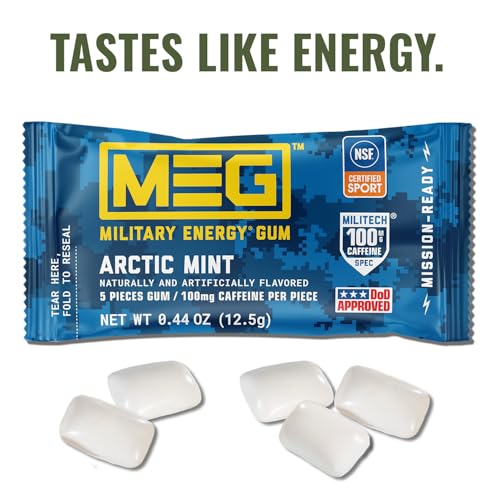 Image of MEG (Military Energy Gum) - Enhance Your Physical Performance with 100mg of Caffeine Per Piece, Ultimate Energy Boost for Workouts, Alternative to Energy Drinks | NSF for Sport Certified | Arctic Mint- Pack of 24