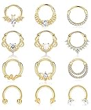 ZXLIHS 12 Anillos para el tabique de 16 G, Pendientes Daith, Aros para la Nariz, aro de Acero Inoxidable con circonita cúbica, ópalo, hélice, Tragus, Piercing para el tabique, joyería, Plata, Negro,