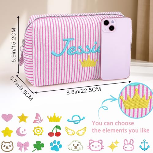 Personalized Monogram Makeup Bag, Custom Cosmetic Bag with Zipper, Birthday Gifts for Girls Sister & Girlfriend, Lightweight Seersucker Travel Pouch for Toiletries with Striped Pattern4