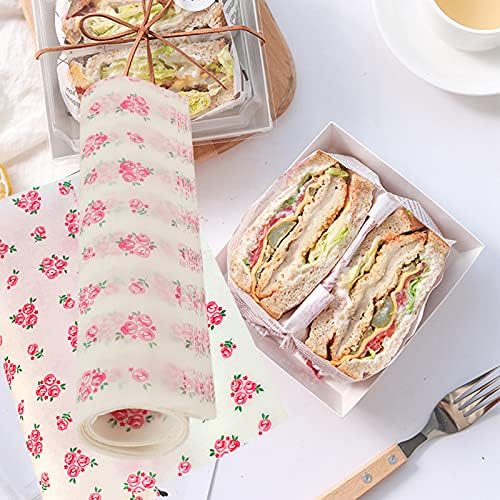 50 PCS Food Grade Wrap Paper, Rose Flower Greaseproof Paper Waterproof Wax Paper Sheets Food Wrapping Liners Food Basket Paper Food Wrapping Tissue Sandwich Wrappers for Sweets Cakes Cheese Baking