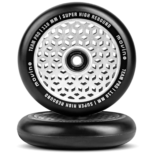 Movino Ruedas para Patinete Freestyle - Ruedas de Repuesto - Rodamientos ABEC-9 - Poliuretano 88A - Honey Core - Negro y Plateado - 110 mm