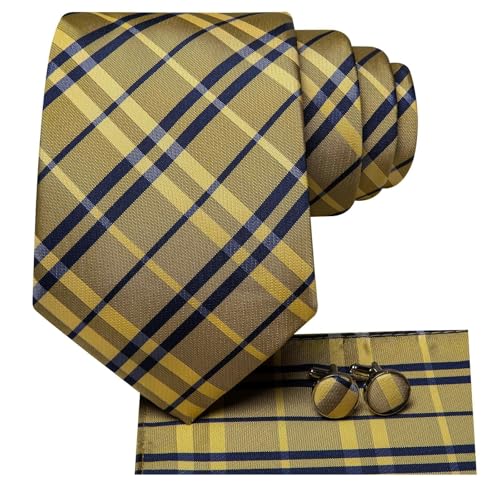 Image of Hi-Tie 70 inches Ties for Men Silk Extra Long Necktie and Pocket Square Cufflinks Set Men Big and Tall Tie Business