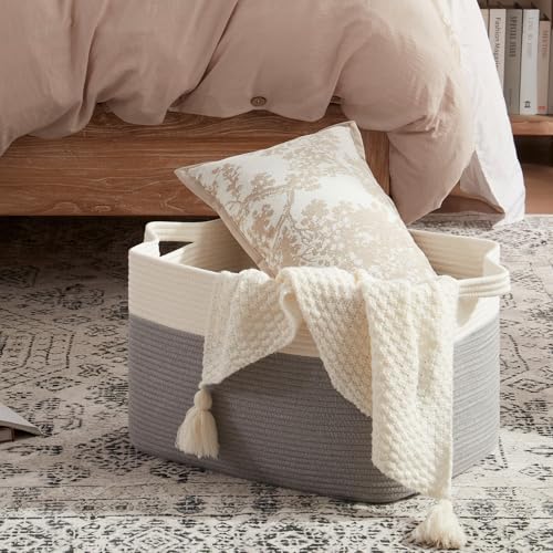 Image of OIAHOMY Large Blanket Basket, 65L Cotton Rope Woven Laundry Basket, Toy Bin for Baby Room, Container for Blanket Storage in Living Room, 20''x16''x12'', Grey & White