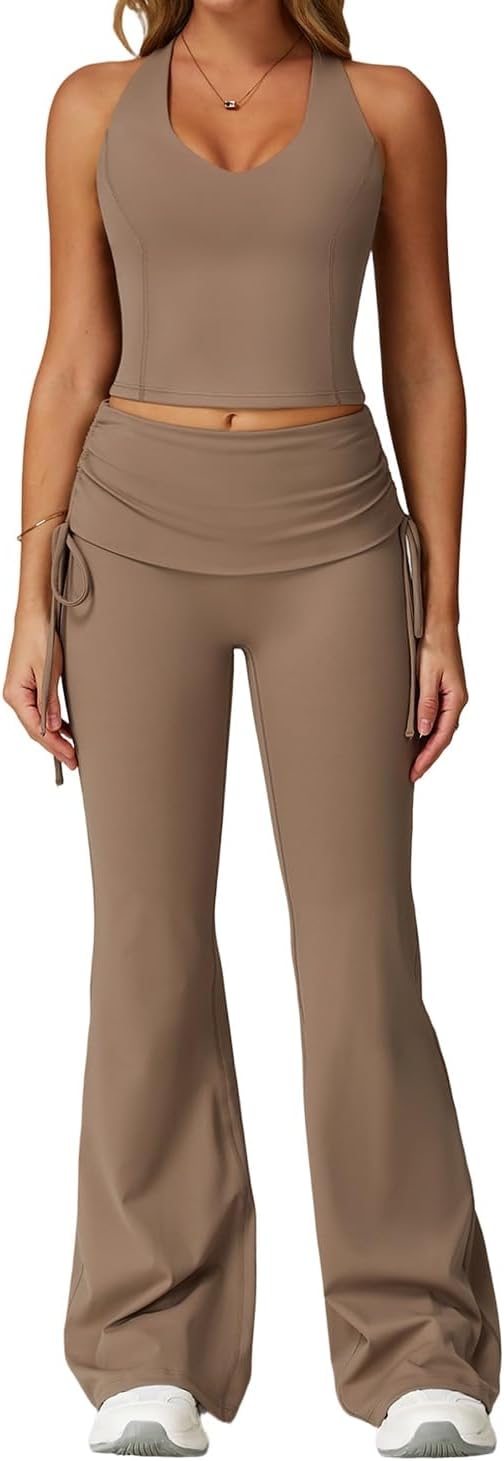Women’s Workout Set 2 Piece, Women’s Workout Set Flare Pants and Halter Crop Tank, Ruched Skirted Waist