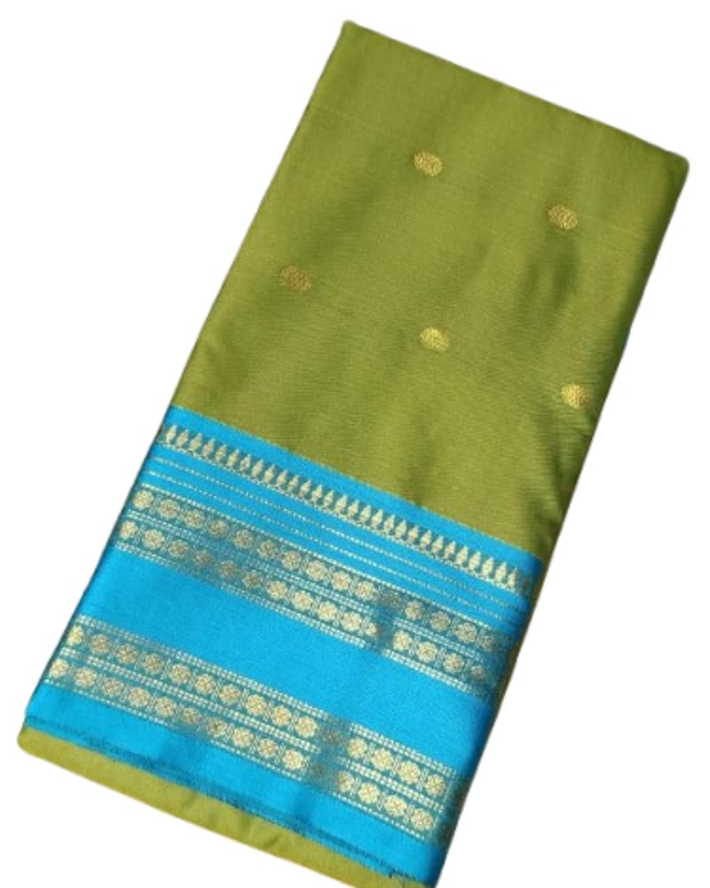 Elegant Olive Green Kalyani Silk Saree with Turquoise Blue Zari Border for Women-image-43