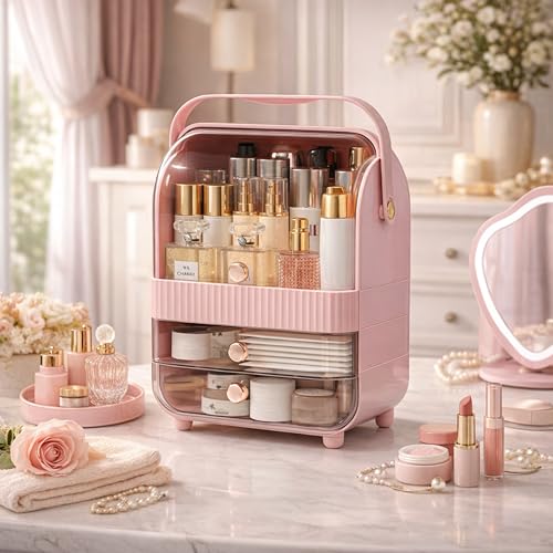 Image of JIALTO Large Cosmetic Organizer Box with Handle - Dustproof Makeup Storage Cabinet with Drawer, Skincare & Perfume Organizer for Vanity, Dressing Table & Bathroom Countertop (37x29.5x20 cm, Pink)