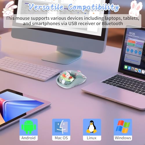 Image of elec Space Cute Wireless USB C Mouse - Bluetooth Triple Mode Rechargeable Cartoon Mouse for Laptops, iPads & MacBook Air /Pro - Silent Operation, Portable Design, Unique Magnetic Character (Green)