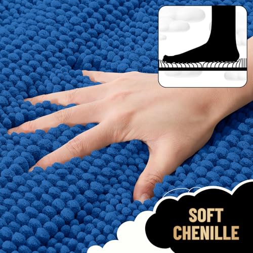 Image of OLANLY Thick Bathroom Runner Rugs 44x24, Extra Absorbent Chenille Striped Bath Rugs, Rubber Backing, Machine Wash, Long Bath Mats for Bathroom, Tub and Shower, Home Decor Accessories, Deep Navy Blue