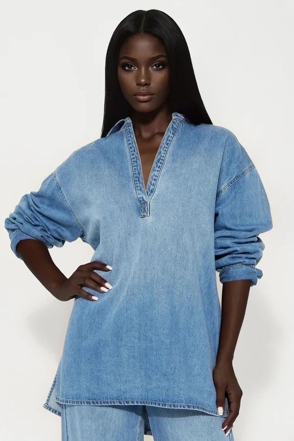 VOIKERDR Denim Set for Women 2 Piece Outfits Long Sleeve Top and Wide Leg Jean Y2K Clothes Streetwear - Image 2