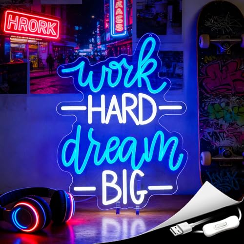 Image of Blue&White Neon Sign Led Neon Lights Signs for Wall Decor USB Powered Led Signs for Room Decoration-Work Hard Dream Big