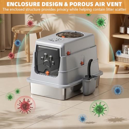 Image of Qpets Cat Litter Box (Covered & Enclosed Design) with Stainless Steel Tray, Front & Top Entry Cat Toilet, Odor Control, Litter Scoop Included, 50 x 35 x 38 cm