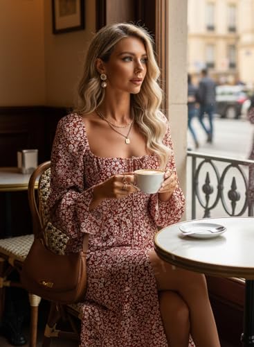 Image of BLENCOT Womens Casual Square Neck Long Sleeve Boho Floral Midi Dress Print Side Split Dresses