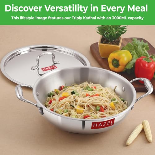 HAZEL Triply Kadhai with Lid | Induction Base 5.8 Litre Stainless Steel Kadahi | Induction Kadai with Lid | Deep Frying & Curry Wok Kadai - Image 3