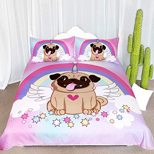 ARIGHTEX Unicorn Pug Bedding Unicorn Bedding Twin for Girls 3 Piece Cute Puppy Dog Duvet Cover Rainbow Stars Cartoon Bedspread