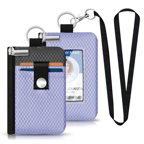 Image of Minimalist RFID Blocking Small Wallet with ID Window,WaterResistant Zip Id Case Wallet with Lanyard Keychain for Cards,Cash,Travel,Women,Men (Lavender Purple /DarkGrey)