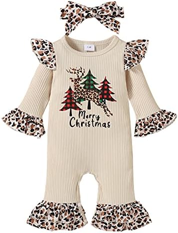 Fernvia Newborn Baby Girl Christmas Outfits Infant Christmas Romper Cute Ruffle Jumpsuit Bodysuit Kids One-Piece Clothes Fall