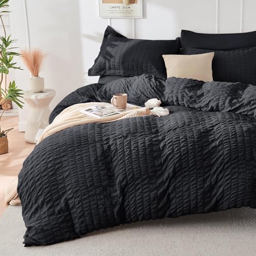 Image of HYMOKEGE Black Full Size Comforter Sets Seersucker 7 Pieces, All Season Luxury Bed in a Bag for Bedroom, Bedding Set with Comforters, Sheets, Pillowcases & Shams