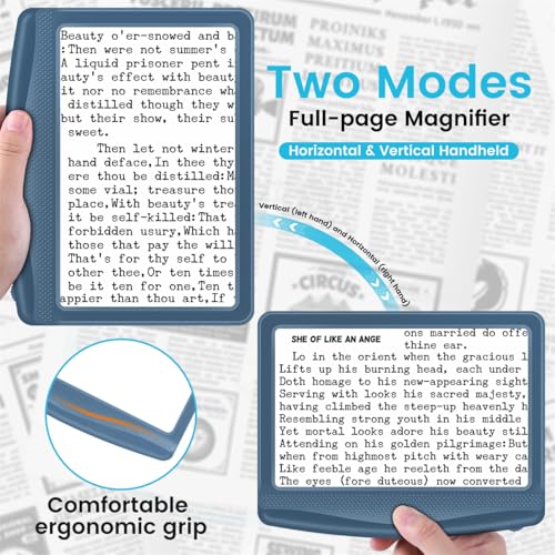 Image of Rechargeable 5X Magnifying Glass for Reading, Large Bright Full Page Magnifier with Light, Handheld LED Dimmable Lighted, Lightweight Book Magnifier for Reading Small Prints Seniors - Blue