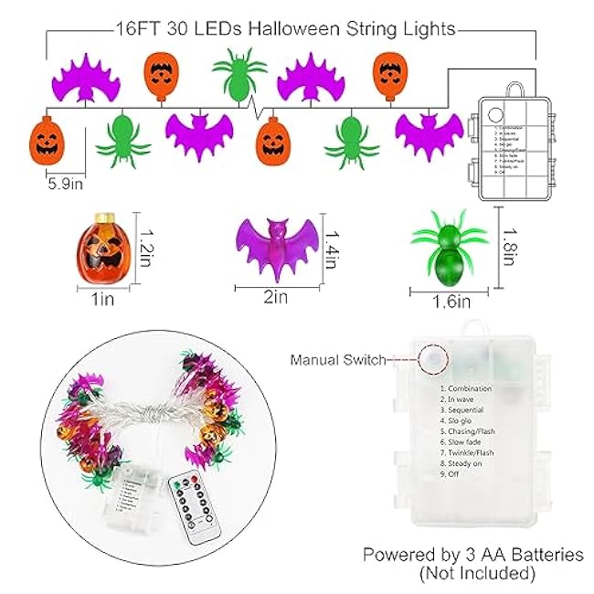 Halloween Lights, 16 FT 30 LED Waterproof 3D Pumpkin Bat Spider Battery Operated String Lights with Timer, 8 Lighting Modes Fairy Lights for Window Indoor Outdoor Decor Halloween Party Decorations