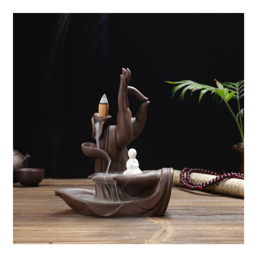 Soporte De Incienso Incensario de cascada con forma de mano de Buda y loto, adornos creativos, quemador de incienso de reflujo, decoraciones prácticas para el hogar, quemador de incienso de cerámica (