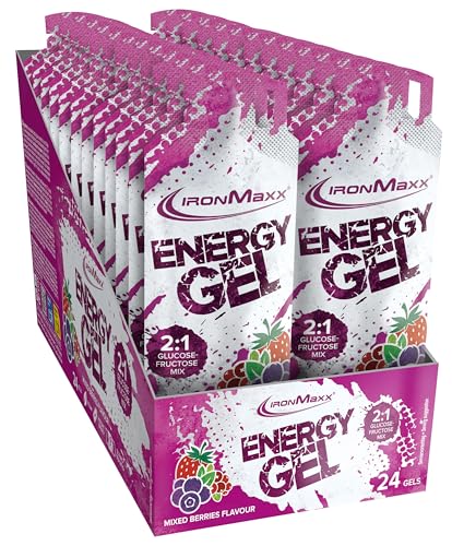 IronMaxx Energy Gel – Mixed Berries 24x67 ml | Con 25 g de carbohidratos y 200 mg de sodio por porción | Ideal para esfuerzos físicos intensos | Práctico para llevar a cualquier parte