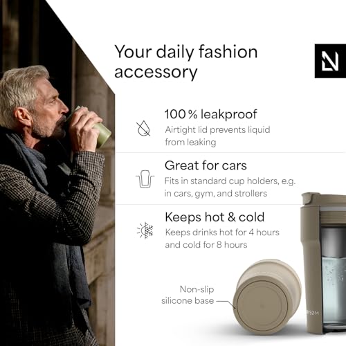 Image of LARS NYSOM Thermo Coffee Mug to go 17oz | Travel Mug 0.5 Liter with Insulation | Silicone grip base | Leak Proof Stainless Steel Tumbler for Coffee and Tea on the Go (Powder Taupe Brown, 17oz)